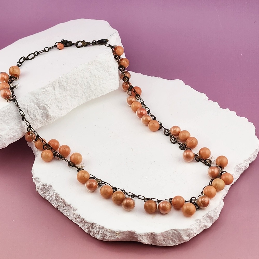 Kaari Meng N.Y.C. Designs Peach Orange Beaded Cluster Necklace Bronze Tone Boho